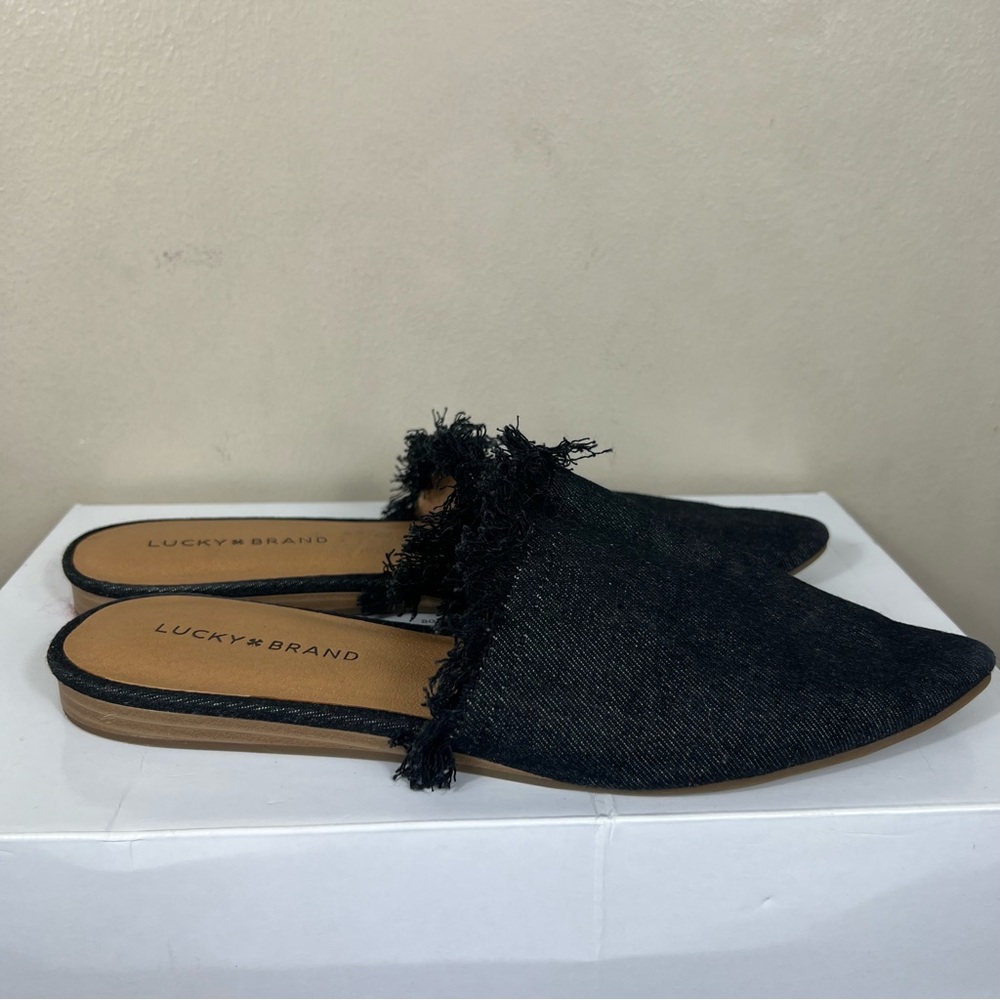 Lucky Brand Black Fringe Mule Slip On Sandals